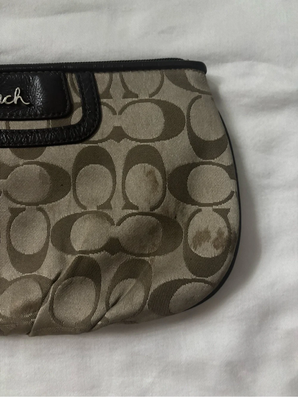 Coach Signature Logo Wristlet in Beige and Dark Brown